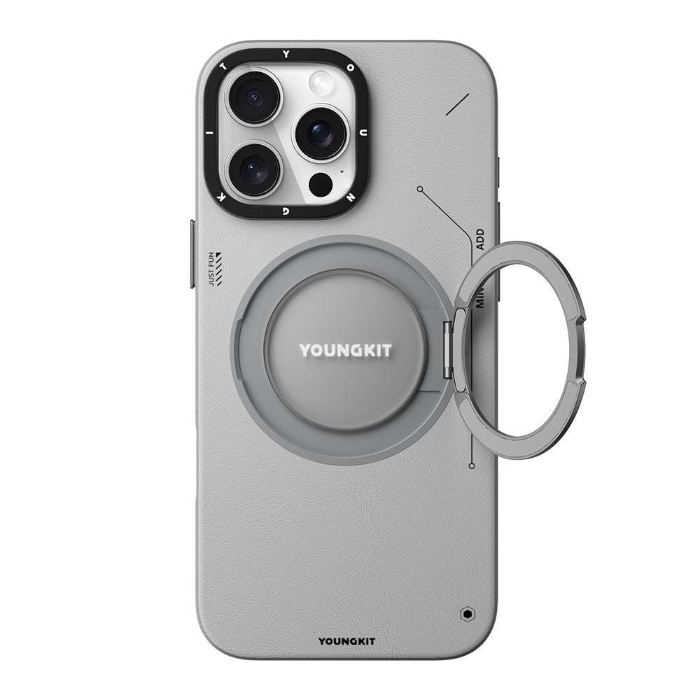 iPhone 16 Pro Kılıf Magsafe Şarj Özellikli 360° Standlı Basit Mat Deri Desenli Youngkit Tech Leather Serisi Kılıf Kahverengi