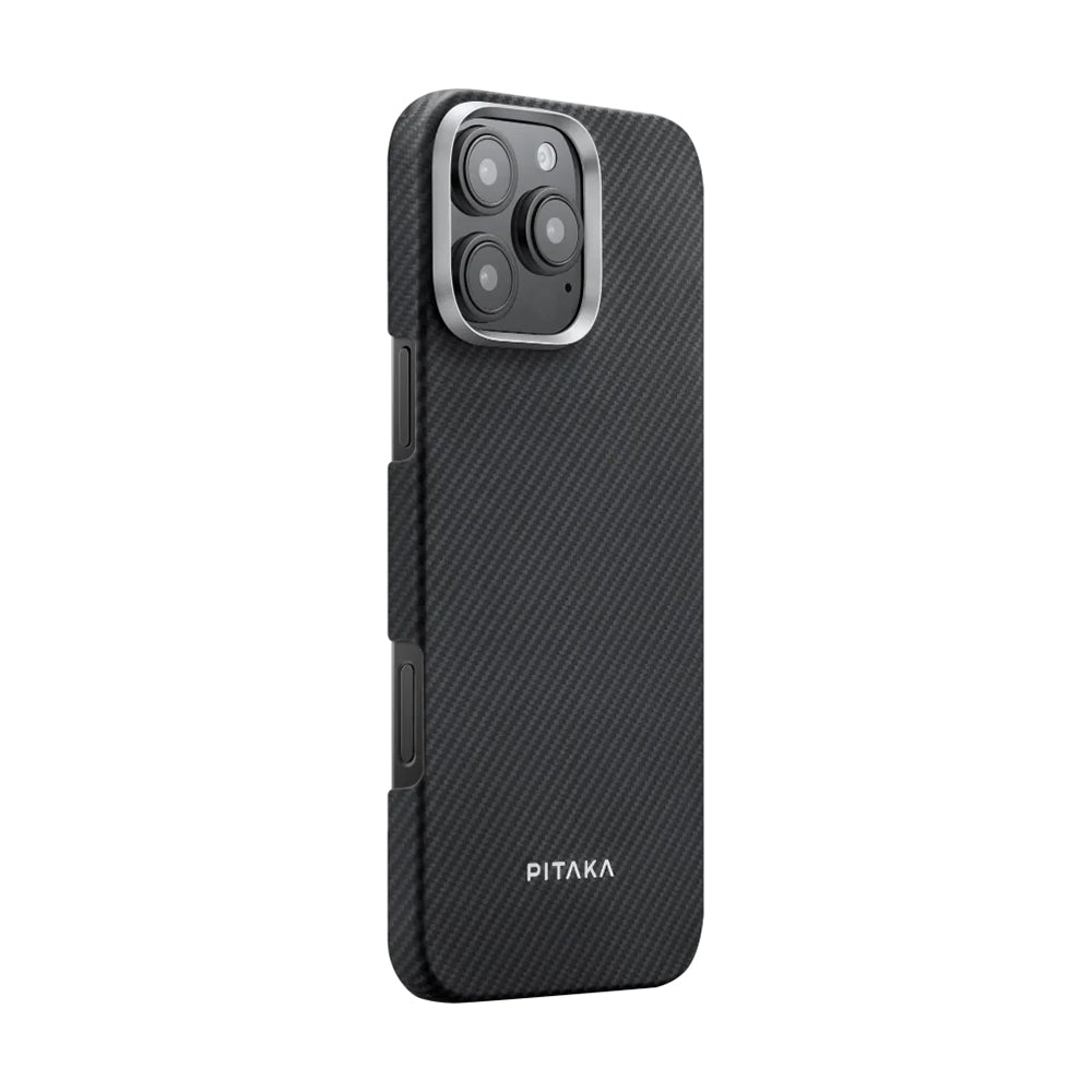 iPhone 16 Pro Kılıf Magsafe Şarj Özellikli 600D Aramid Fiber Pitaka Ultra-Slim Classic Serisi Black-Grey Twill Kılıf Siyah