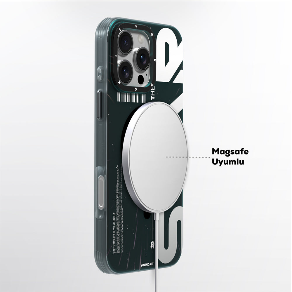 iPhone 16 Pro Kılıf Magsafe Şarj Özellikli Airbagli Hologram Tasarımlı Youngkit Interstellar Serisi Kılıf Siyah-Turuncu