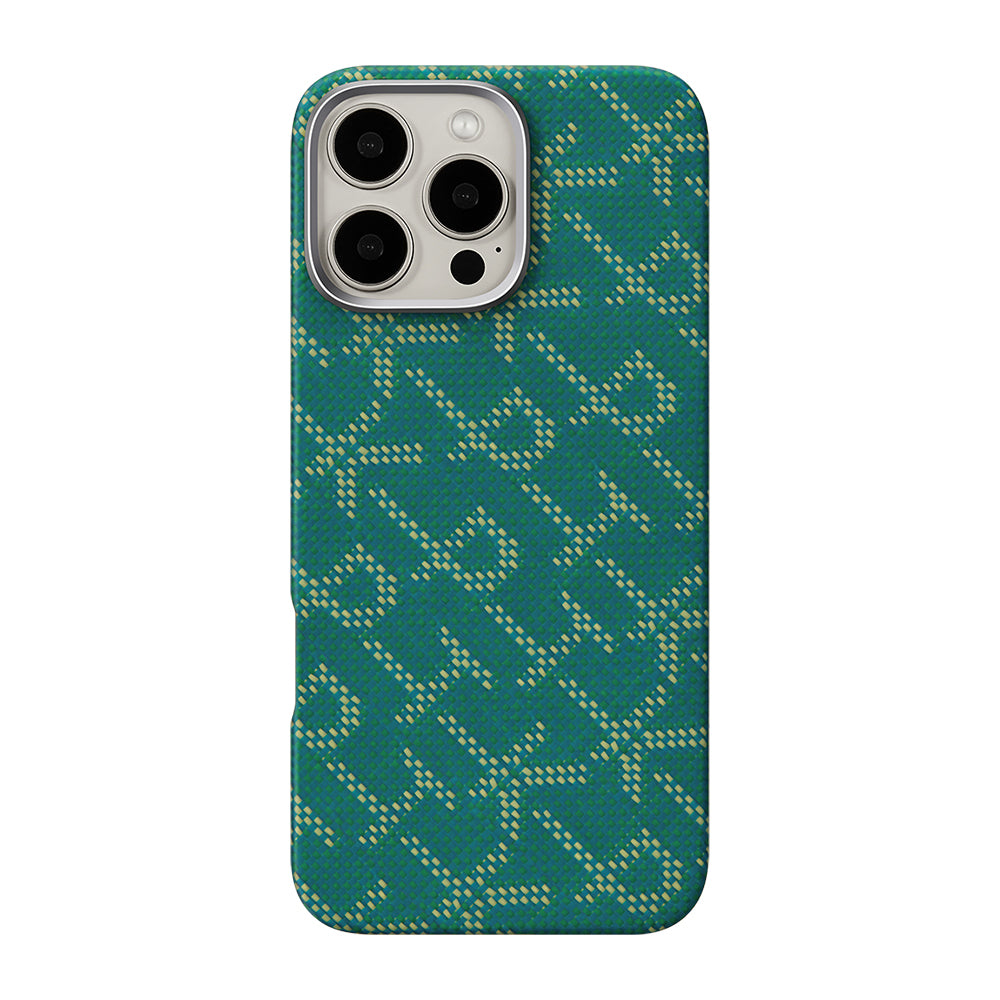 iPhone 16 Pro Kılıf MagSafe Şarj Özellikli Aramid Fiber Pitaka Tactile Woven Monogram Serisi Kılıf Yeşil