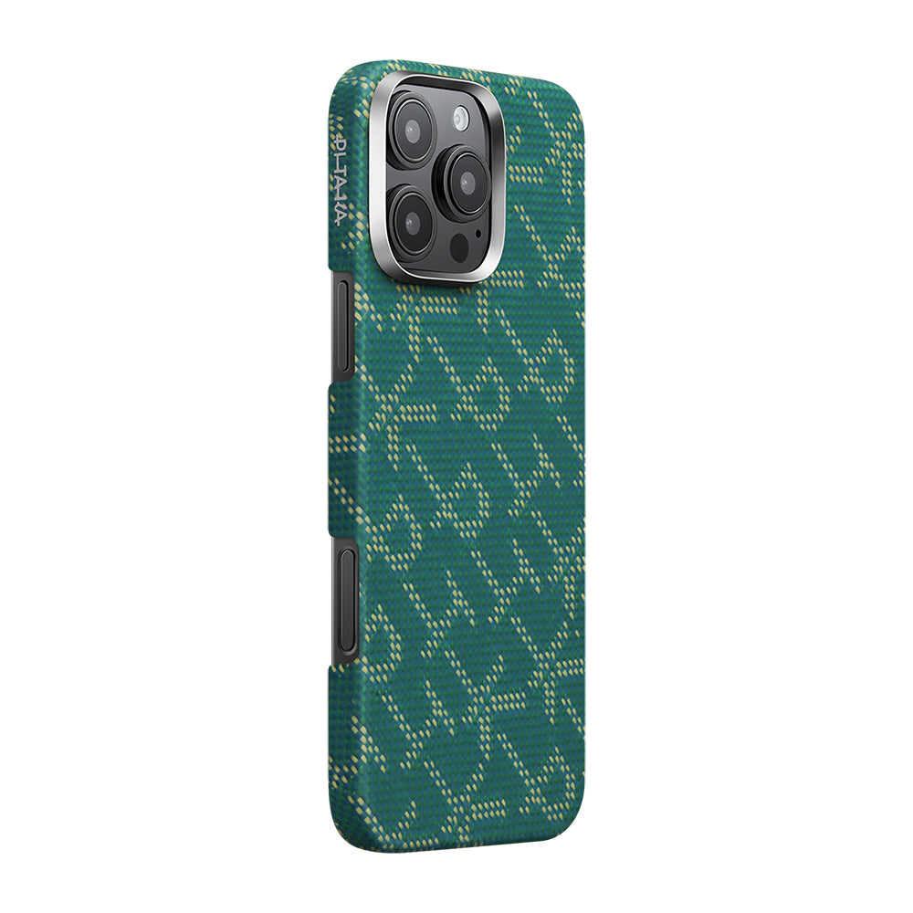 iPhone 16 Pro Kılıf MagSafe Şarj Özellikli Aramid Fiber Pitaka Tactile Woven Monogram Serisi Kılıf Yeşil