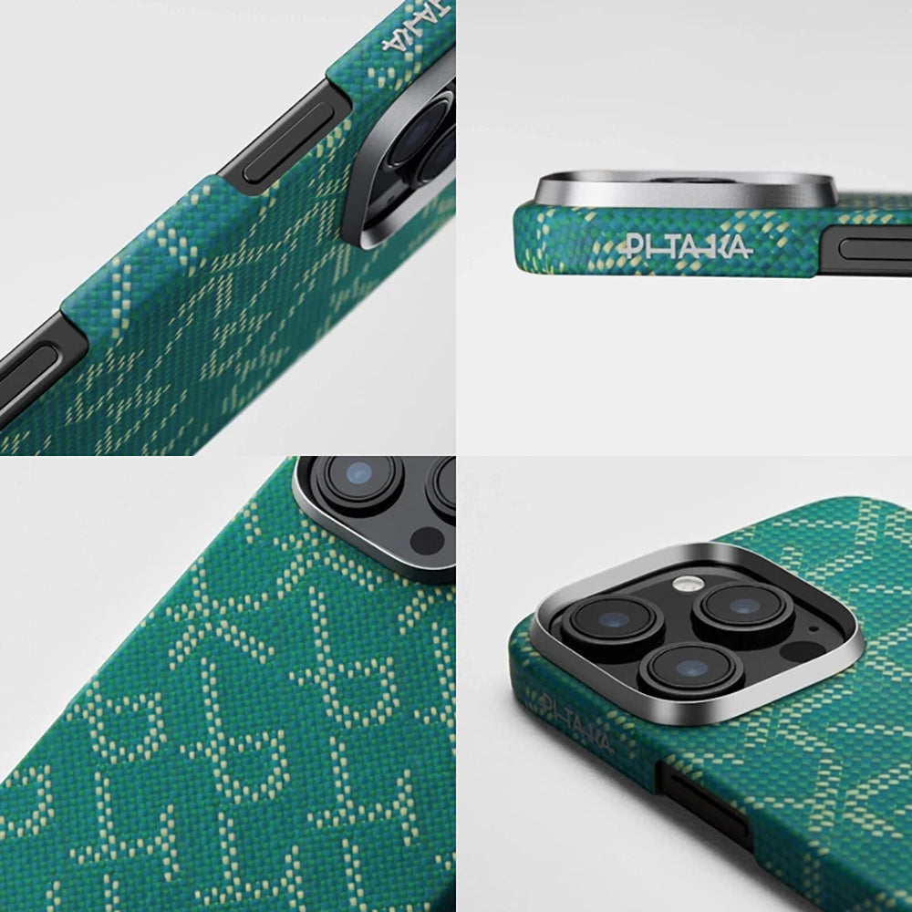 iPhone 16 Pro Kılıf MagSafe Şarj Özellikli Aramid Fiber Pitaka Tactile Woven Monogram Serisi Kılıf Yeşil
