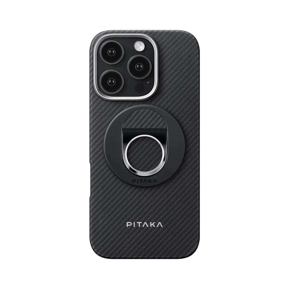 iPhone 16 Pro Kılıf Magsafe Şarj Özellikli Grip 3 Standlı Aramid Fiber Pitaka Military Grade Classic Serisi Black-Grey Twill Kılıf Siyah-Gri