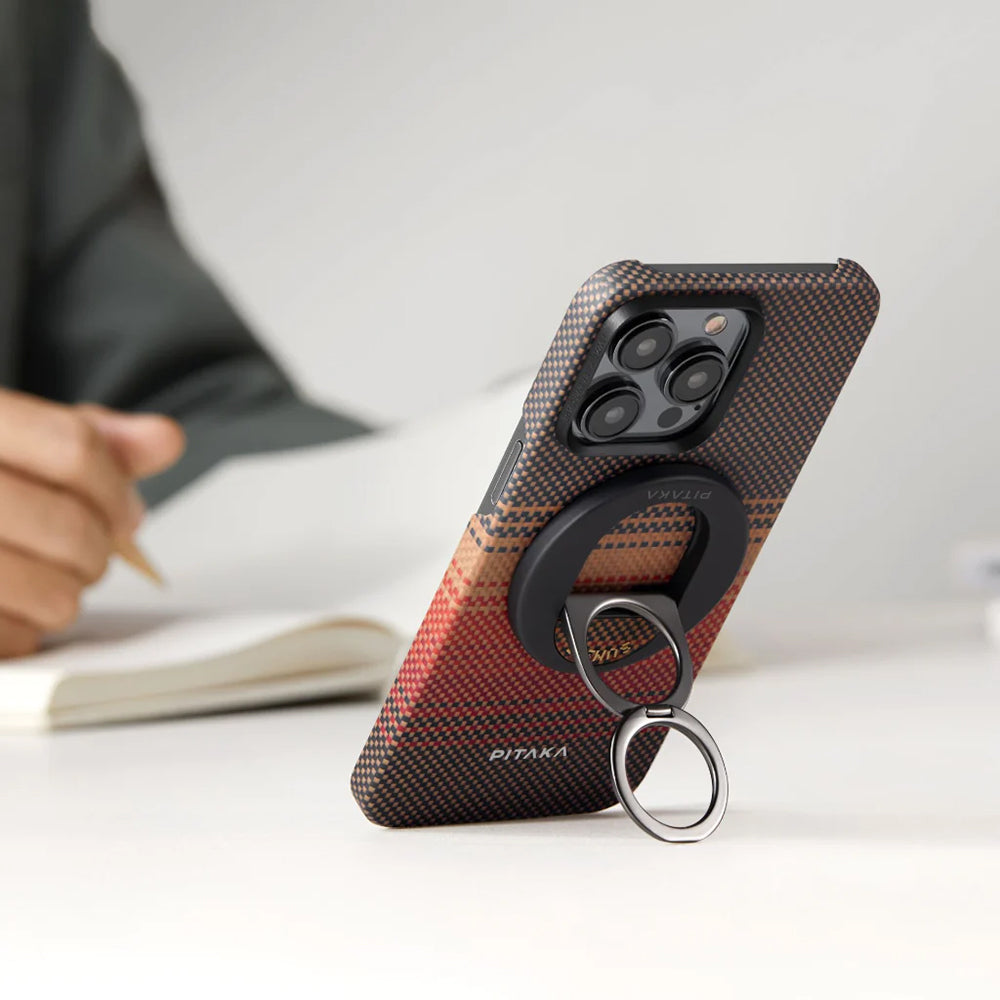 iPhone 16 Pro Kılıf Magsafe Şarj Özellikli Grip 3 Standlı Aramid Fiber Pitaka Tactile Woven Sunset-Moonrise Serisi Sunset Kılıf Kahverengi