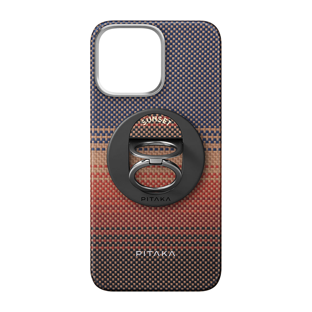 iPhone 16 Pro Kılıf Magsafe Şarj Özellikli Grip 3 Standlı Aramid Fiber Pitaka Tactile Woven Sunset-Moonrise Serisi Sunset Kılıf Kahverengi