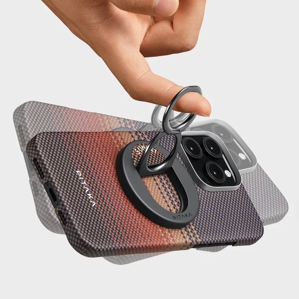 iPhone 16 Pro Kılıf Magsafe Şarj Özellikli Grip 3 Standlı Aramid Fiber Pitaka Tactile Woven Sunset-Moonrise Serisi Sunset Kılıf Kahverengi