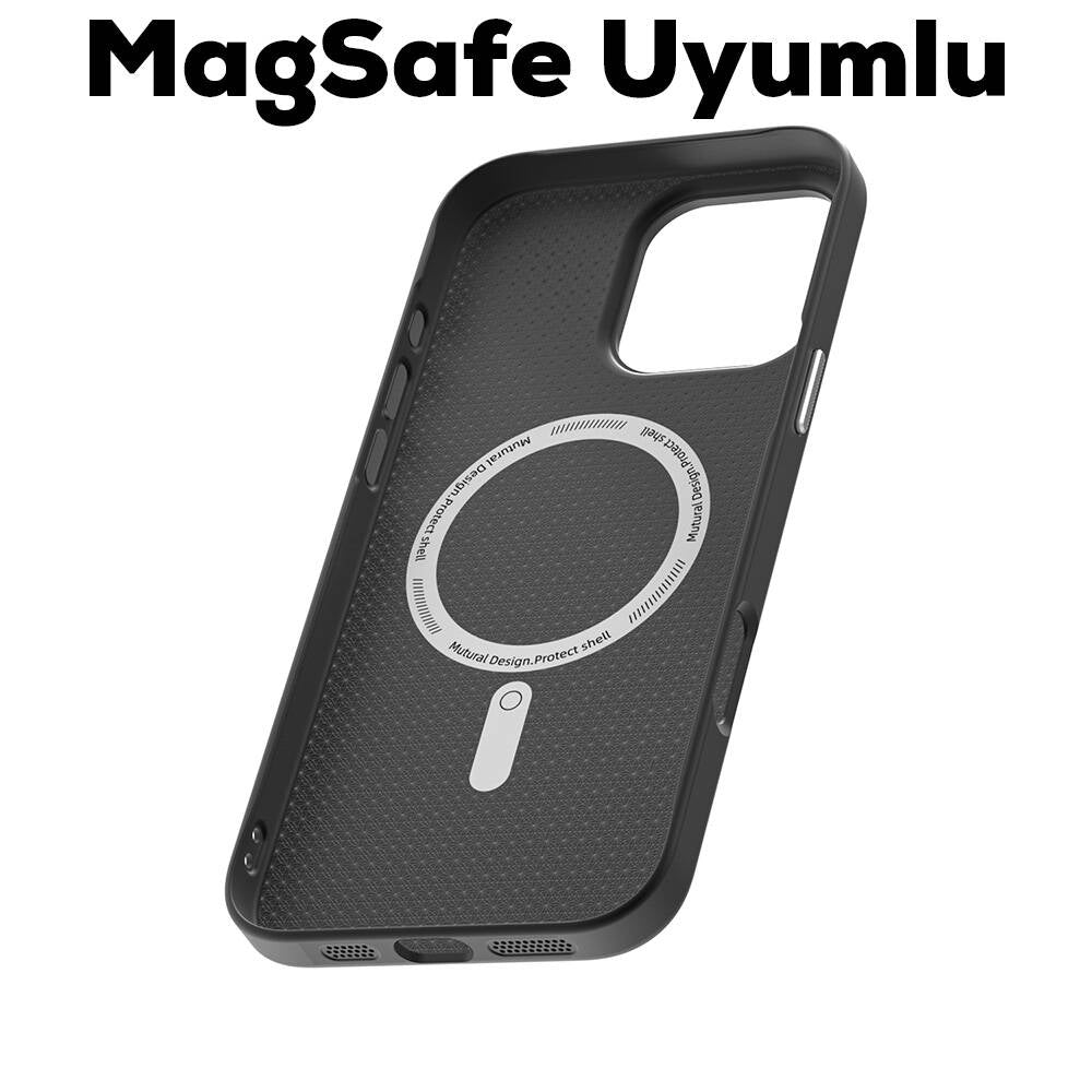 iPhone 16 Pro Kılıf Magsafe Şarj Özellikli Karbon Fiber Desenli Mutural Montage Kılıf Siyah