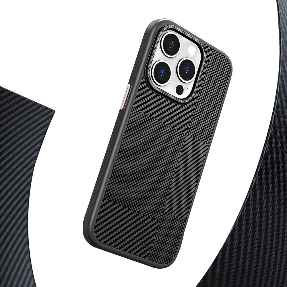 iPhone 16 Pro Kılıf Magsafe Şarj Özellikli Karbon Fiber Desenli Mutural Montage Kılıf Siyah