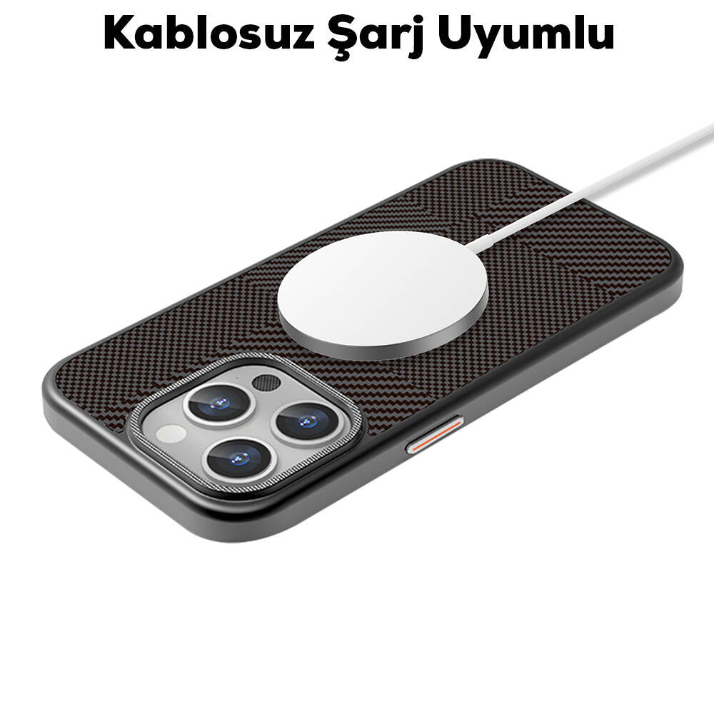 iPhone 16 Pro Kılıf Magsafe Şarj Özellikli Karbon Fiber Desenli Mutural Montage Kılıf Siyah