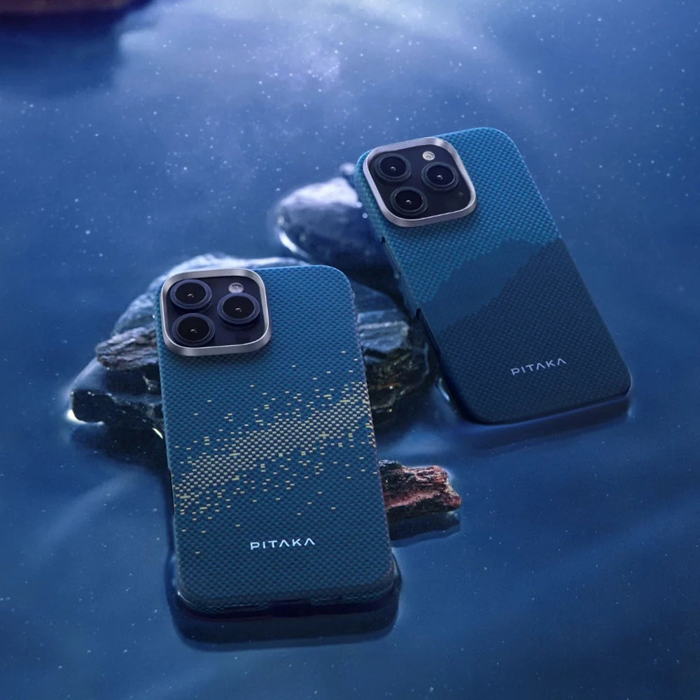iPhone 16 Pro Kılıf Magsafe Şarj Özellikli Lumintex Teknolojili Fosforlu Özellikli Aramid Fiber Pitaka Tactile Woven Starpeak Serisi Milky Way Galaxy Kılıf Mavi