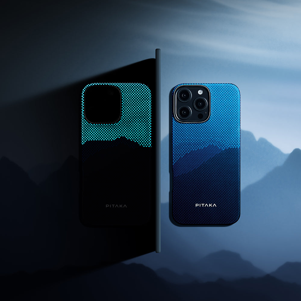 iPhone 16 Pro Kılıf Magsafe Şarj Özellikli Lumintex Teknolojili Fosforlu Özellikli Aramid Fiber Pitaka Tactile Woven Starpeak Serisi Over The Horizon Kılıf Mavi