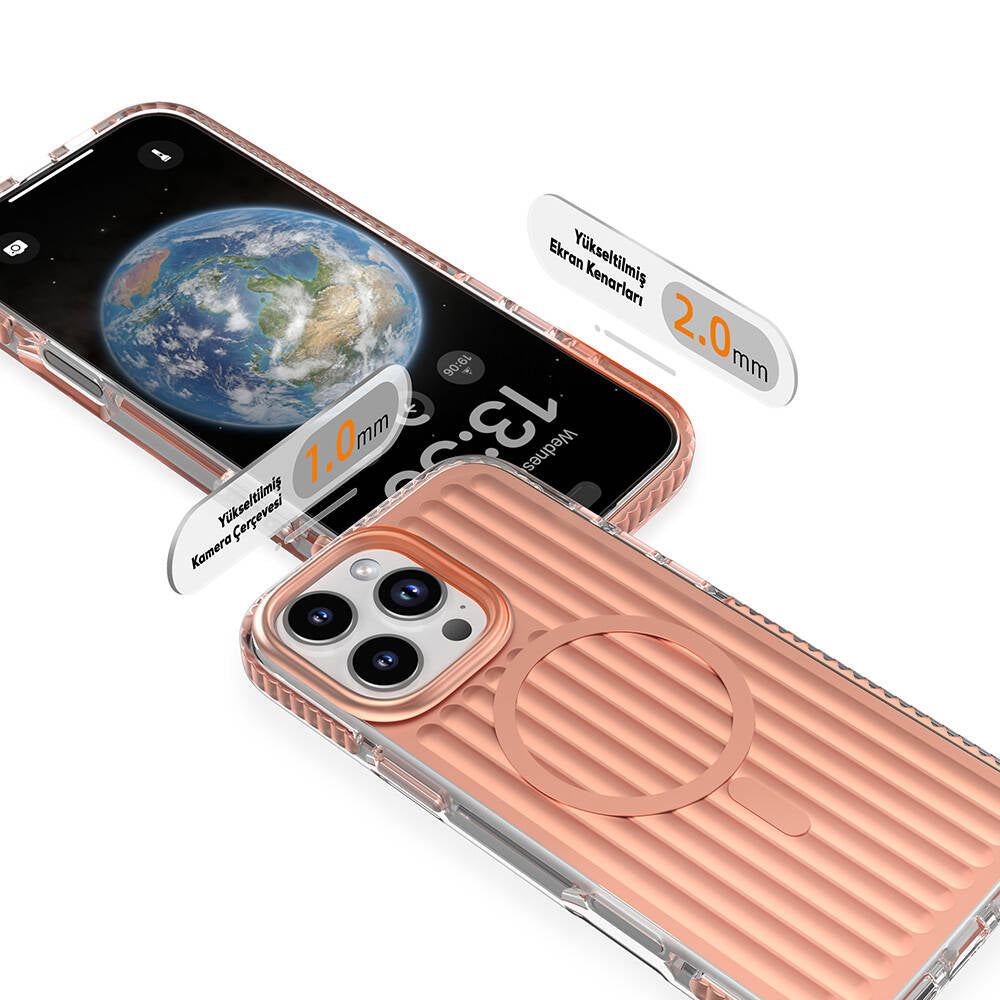 iPhone 16 Pro Kılıf Magsafe Şarj Özellikli Oyuklu Tasarım Mutural Bumpy Clear Kılıf Rose Gold