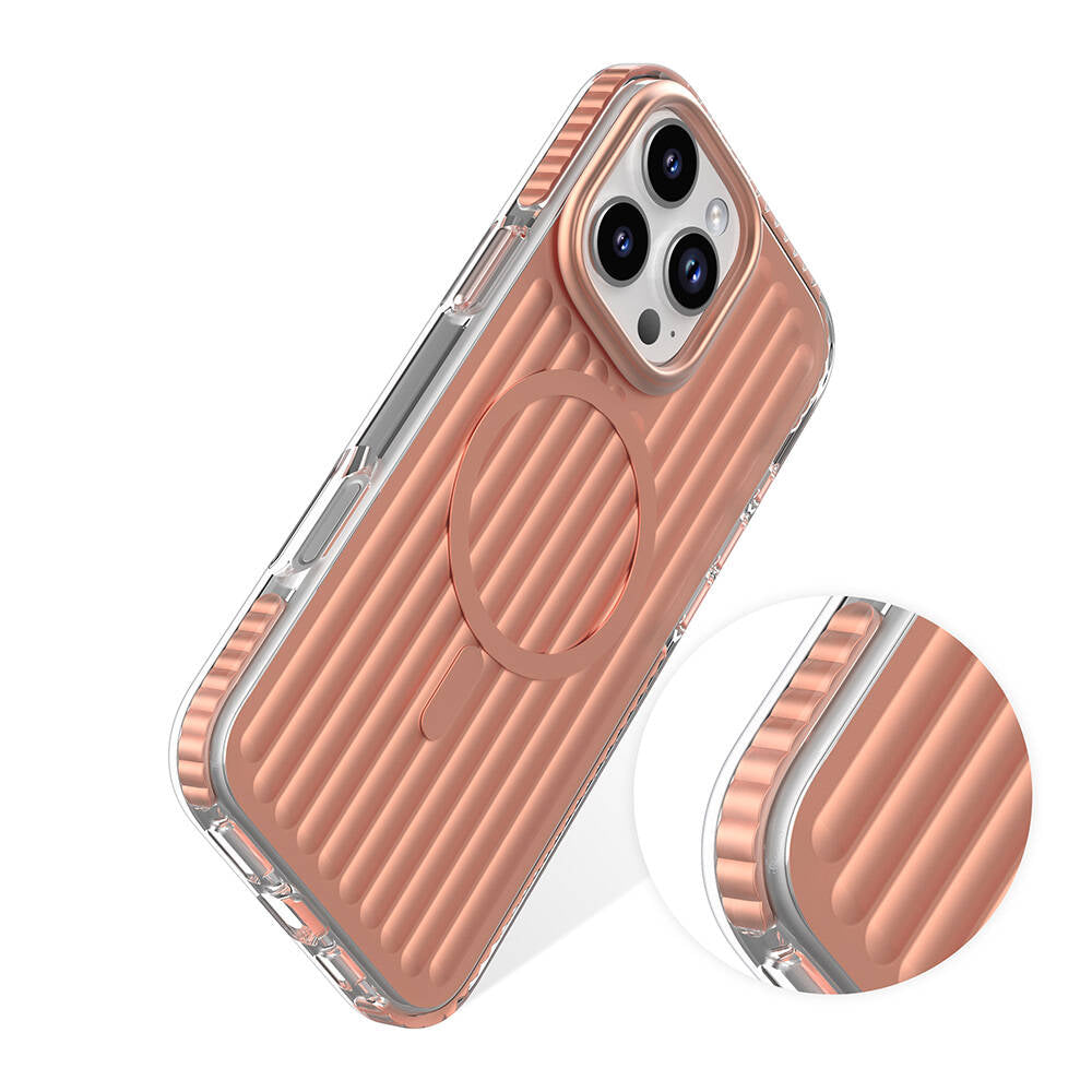 iPhone 16 Pro Kılıf Magsafe Şarj Özellikli Oyuklu Tasarım Mutural Bumpy Clear Kılıf Rose Gold