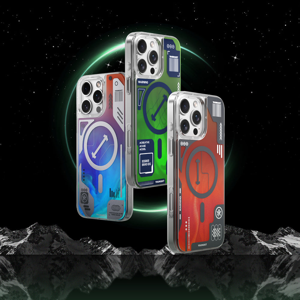 iPhone 16 Pro Kılıf Magsafe Şarj Özellikli Parlak Kumlu Sıvılı Tasarımlı Galaxy Fantasy Serisi Kılıf Turuncu