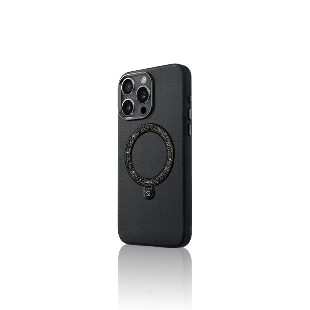 Apple iPhone 16 Pro Kılıf Magsafe Şarj Özellikli Standlı Suni Deri Tasarımlı Pynana Dancing Circle Serisi Kapak Siyah