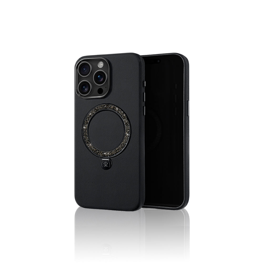 Apple iPhone 16 Pro Kılıf Magsafe Şarj Özellikli Standlı Suni Deri Tasarımlı Pynana Dancing Circle Serisi Kapak Siyah