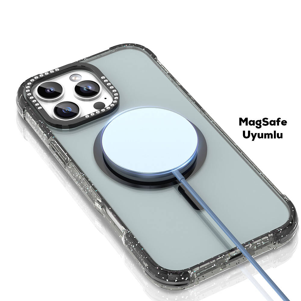 iPhone 16 Pro Kılıf Magsafe Şarj Özellikli Taşlı ve Simli Tasarım Mutural Blink Kılıf Turuncu