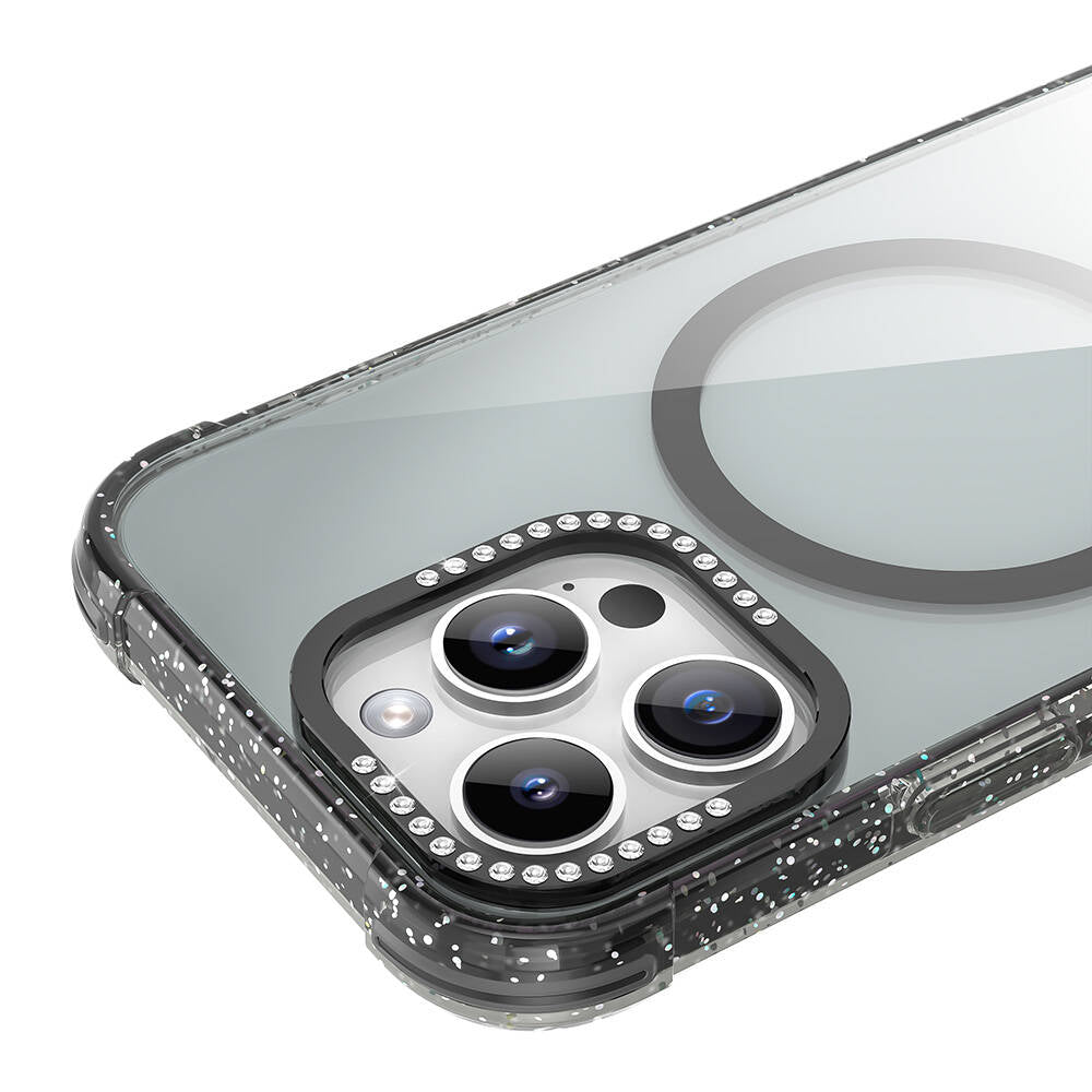 iPhone 16 Pro Kılıf Magsafe Şarj Özellikli Taşlı ve Simli Tasarım Mutural Blink Kılıf Turuncu