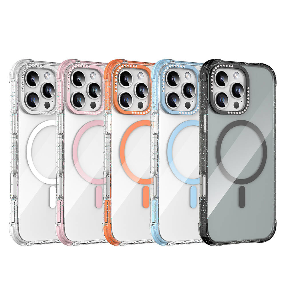 iPhone 16 Pro Kılıf Magsafe Şarj Özellikli Taşlı ve Simli Tasarım Mutural Blink Kılıf Turuncu