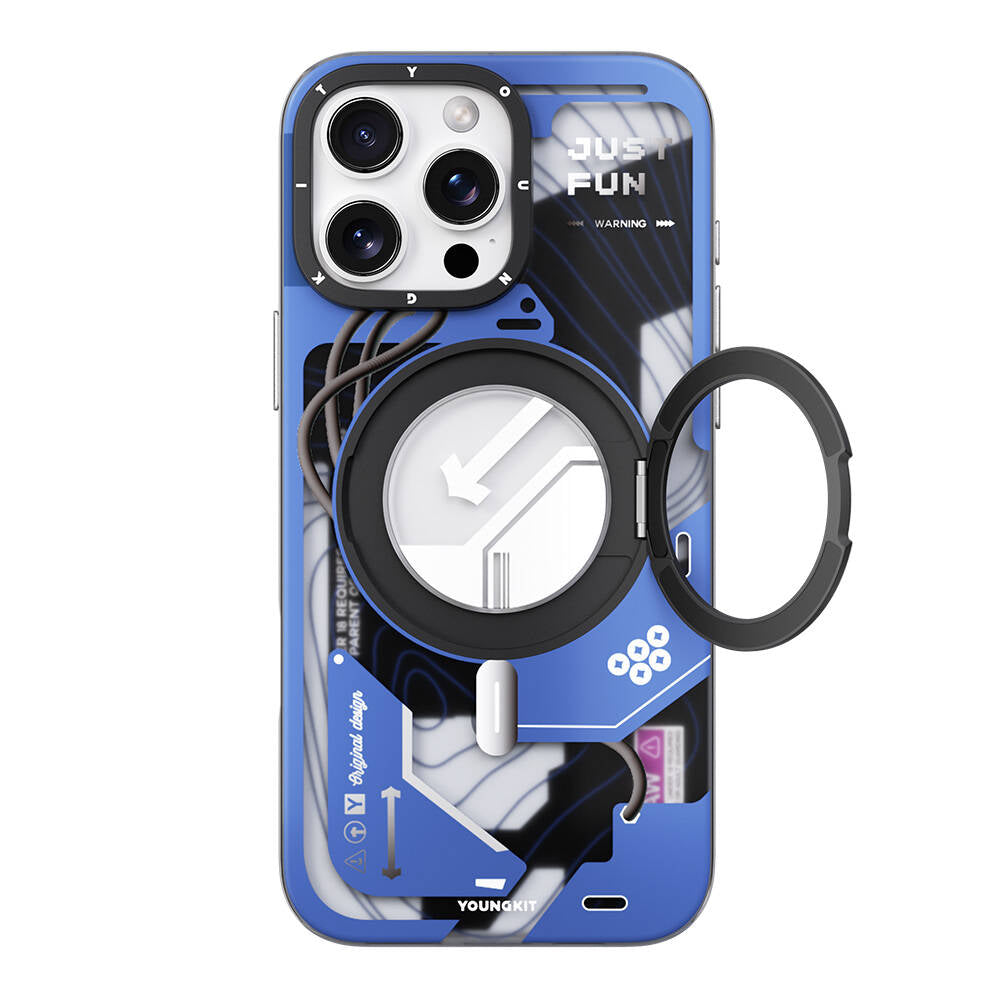 iPhone 16 Pro Kılıf Magsafe Şarj Özellikli Youngkit 360° Standlı Starship Serisi Kılıf Mavi