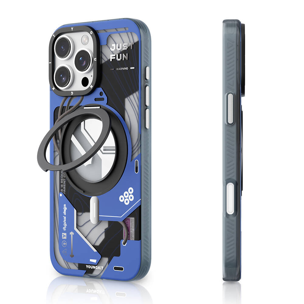 iPhone 16 Pro Kılıf Magsafe Şarj Özellikli Youngkit 360° Standlı Starship Serisi Kılıf Mavi