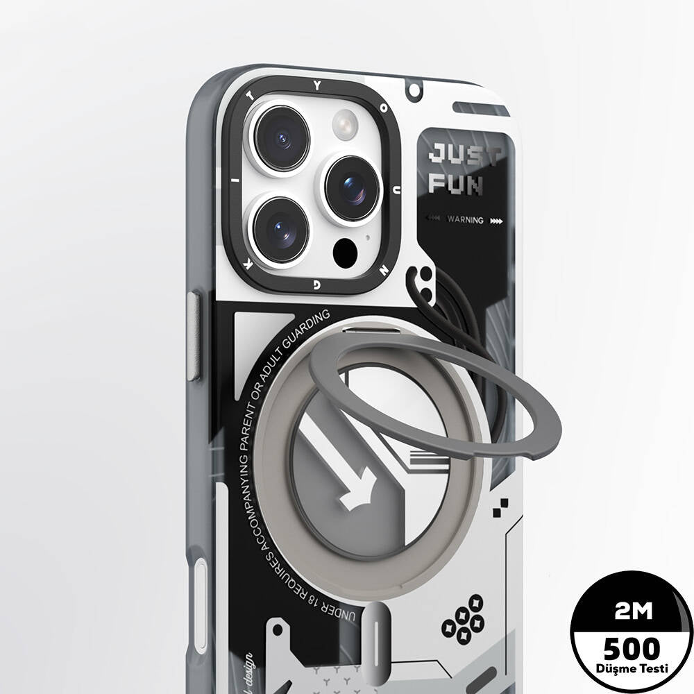 iPhone 16 Pro Kılıf Magsafe Şarj Özellikli Youngkit 360° Standlı Starship Serisi Kılıf Beyaz