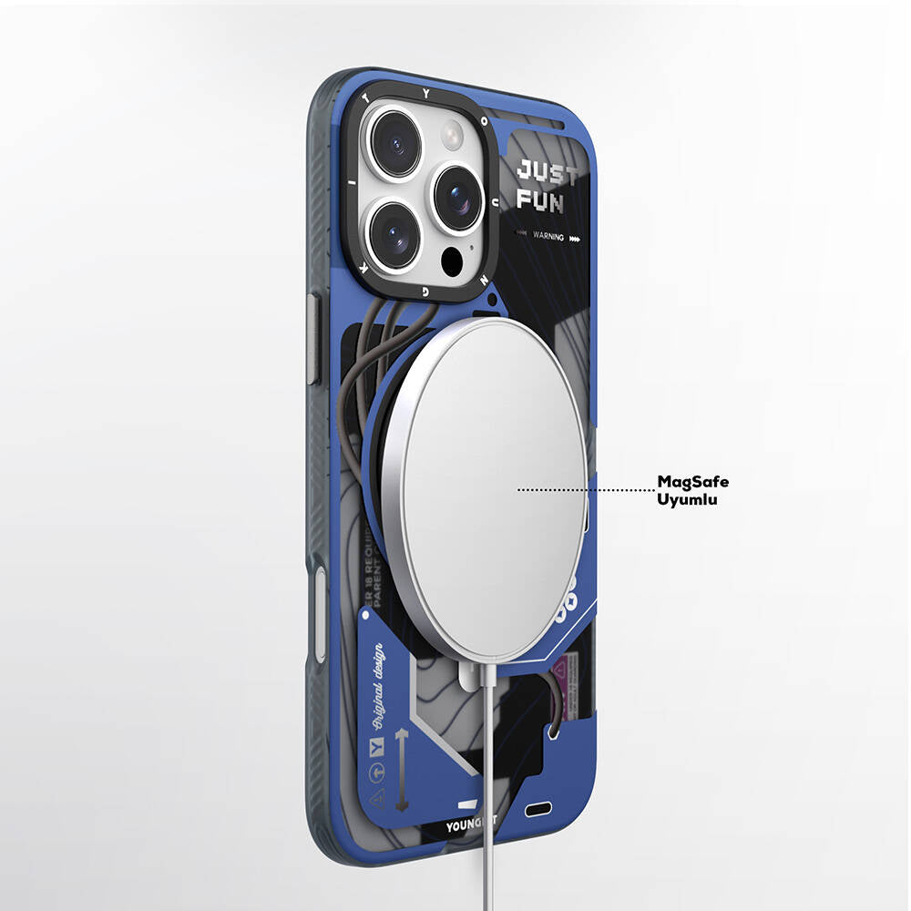 iPhone 16 Pro Kılıf Magsafe Şarj Özellikli Youngkit 360° Standlı Starship Serisi Kılıf Mavi