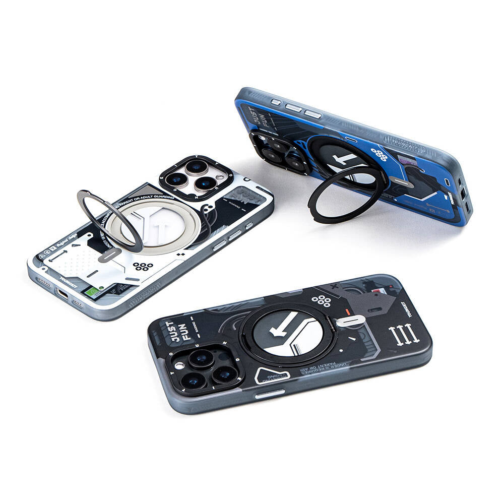 iPhone 16 Pro Kılıf Magsafe Şarj Özellikli Youngkit 360° Standlı Starship Serisi Kılıf Mavi