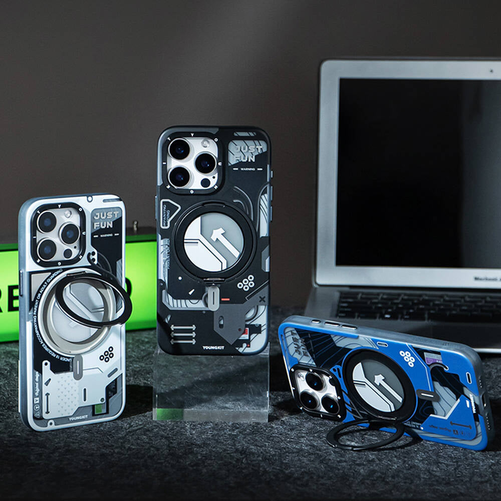 iPhone 16 Pro Kılıf Magsafe Şarj Özellikli Youngkit 360° Standlı Starship Serisi Kılıf Beyaz