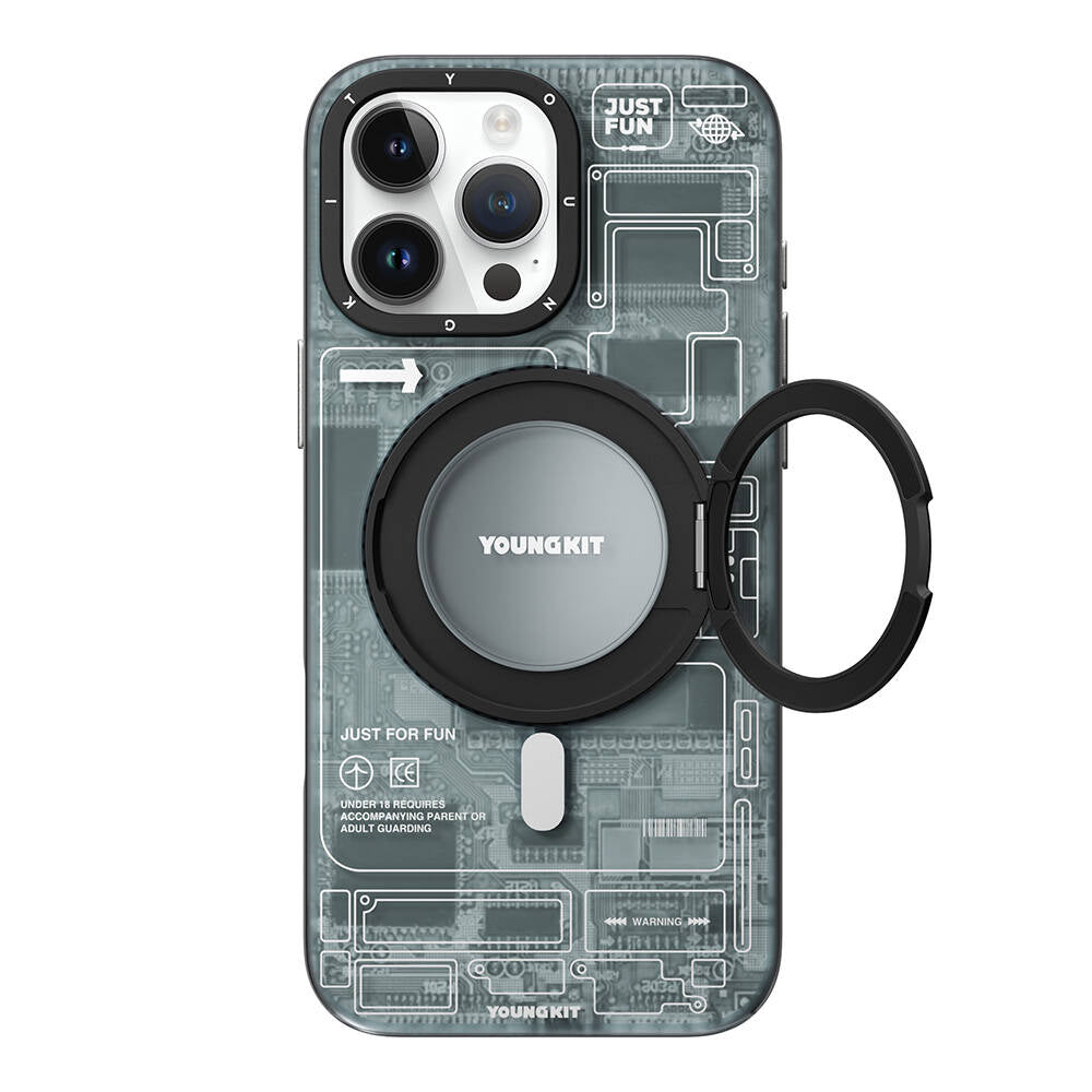 iPhone 16 Pro Kılıf Magsafe Şarj Özellikli Youngkit 360° Standlı Technology Serisi Kılıf Gri