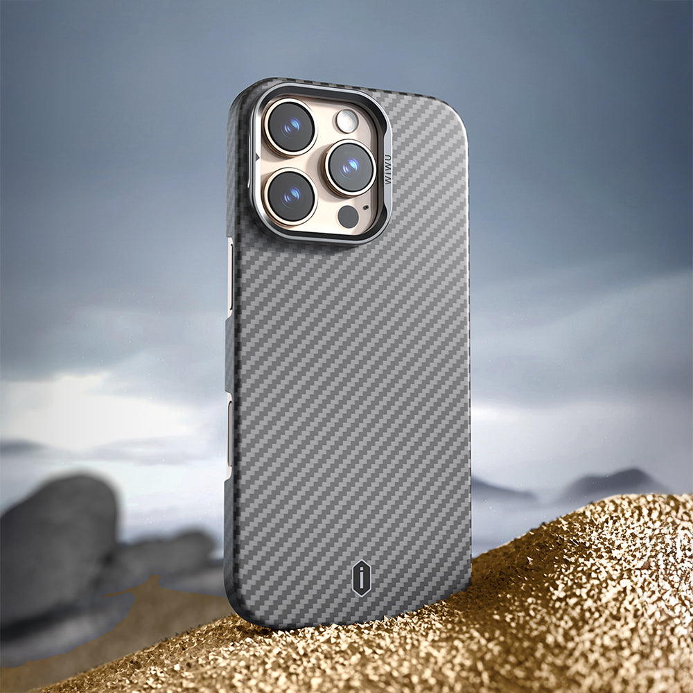 Apple iPhone 16 Pro Kılıf Wiwu DCC-206 Magsafe Şarj Özellikli Kamera Standlı Aramid Fiber Tasarım Kevlar Kapak Siyah