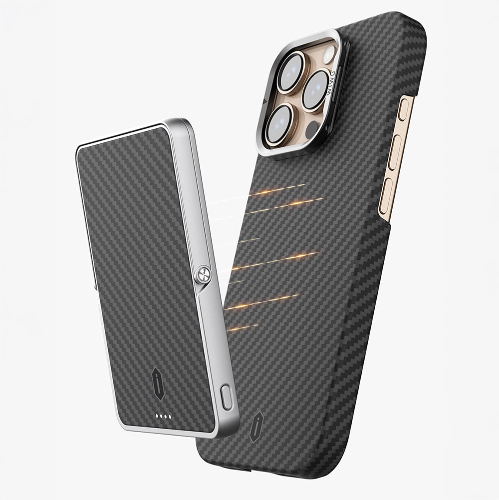 Apple iPhone 16 Pro Kılıf Wiwu DCC-206 Magsafe Şarj Özellikli Kamera Standlı Aramid Fiber Tasarım Kevlar Kapak Siyah