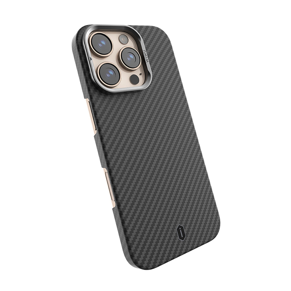 Apple iPhone 16 Pro Kılıf Wiwu DCC-206 Magsafe Şarj Özellikli Kamera Standlı Aramid Fiber Tasarım Kevlar Kapak Siyah