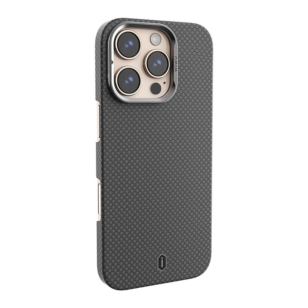 Apple iPhone 16 Pro Kılıf Wiwu DCC-208 M-safe Şarj Özellikli Kamera Standlı Aramid Fiber Tasarım Kevlar Kapak Gold