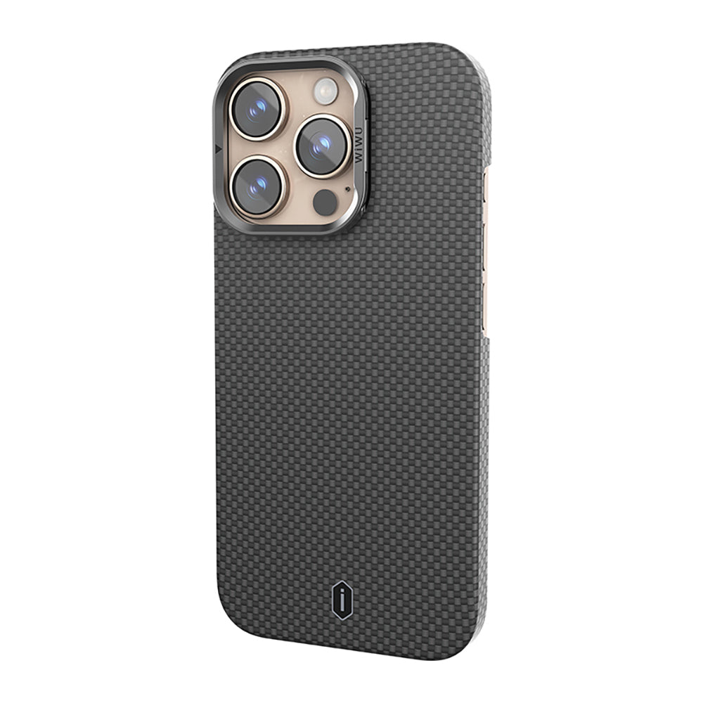 Apple iPhone 16 Pro Kılıf Wiwu DCC-208 M-safe Şarj Özellikli Kamera Standlı Aramid Fiber Tasarım Kevlar Kapak Kırmızı