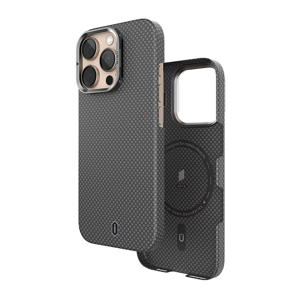 Apple iPhone 16 Pro Kılıf Wiwu DCC-208 M-safe Şarj Özellikli Kamera Standlı Aramid Fiber Tasarım Kevlar Kapak Gold