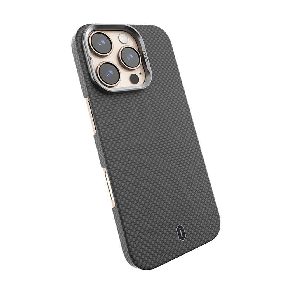 Apple iPhone 16 Pro Kılıf Wiwu DCC-208 M-safe Şarj Özellikli Kamera Standlı Aramid Fiber Tasarım Kevlar Kapak Gold