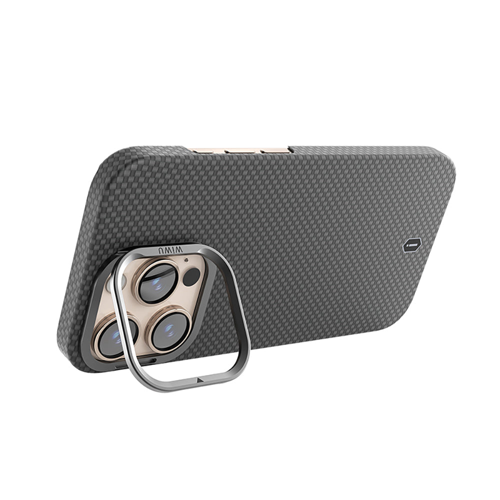 Apple iPhone 16 Pro Kılıf Wiwu DCC-208 M-safe Şarj Özellikli Kamera Standlı Aramid Fiber Tasarım Kevlar Kapak Gold