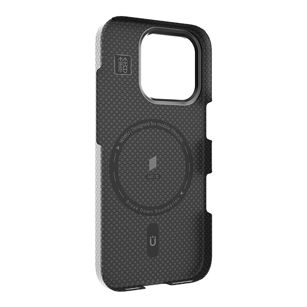 Apple iPhone 16 Pro Kılıf Wiwu DCC-208 M-safe Şarj Özellikli Kamera Standlı Aramid Fiber Tasarım Kevlar Kapak Gold