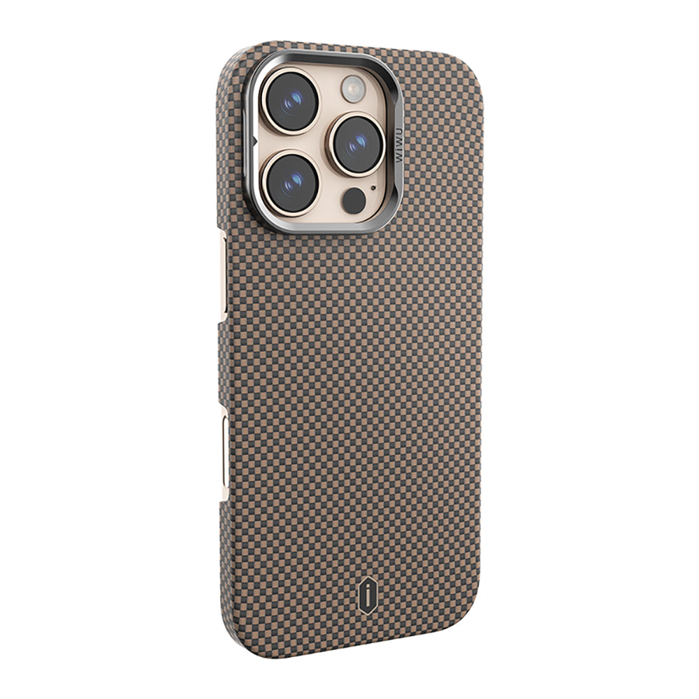 Apple iPhone 16 Pro Kılıf Wiwu DCC-208 M-safe Şarj Özellikli Kamera Standlı Aramid Fiber Tasarım Kevlar Kapak Gold
