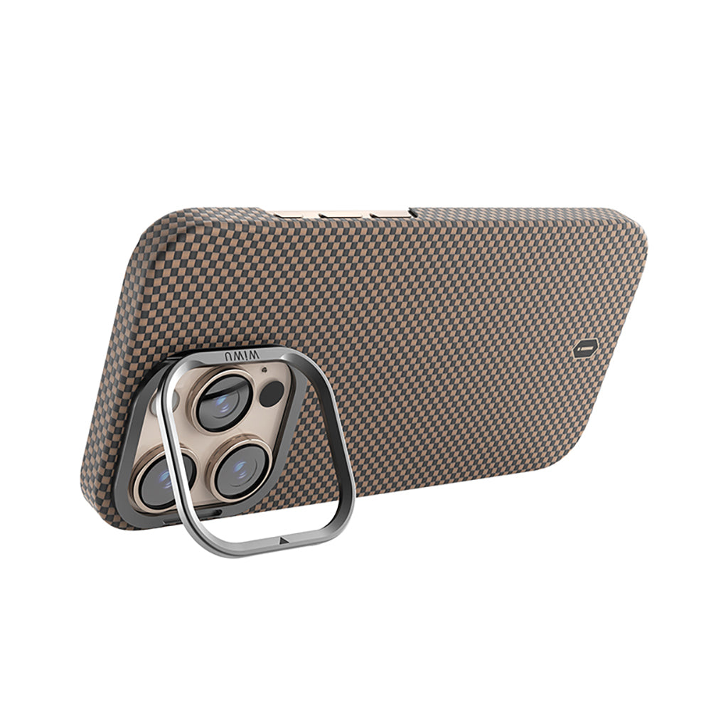 Apple iPhone 16 Pro Kılıf Wiwu DCC-208 M-safe Şarj Özellikli Kamera Standlı Aramid Fiber Tasarım Kevlar Kapak Gold