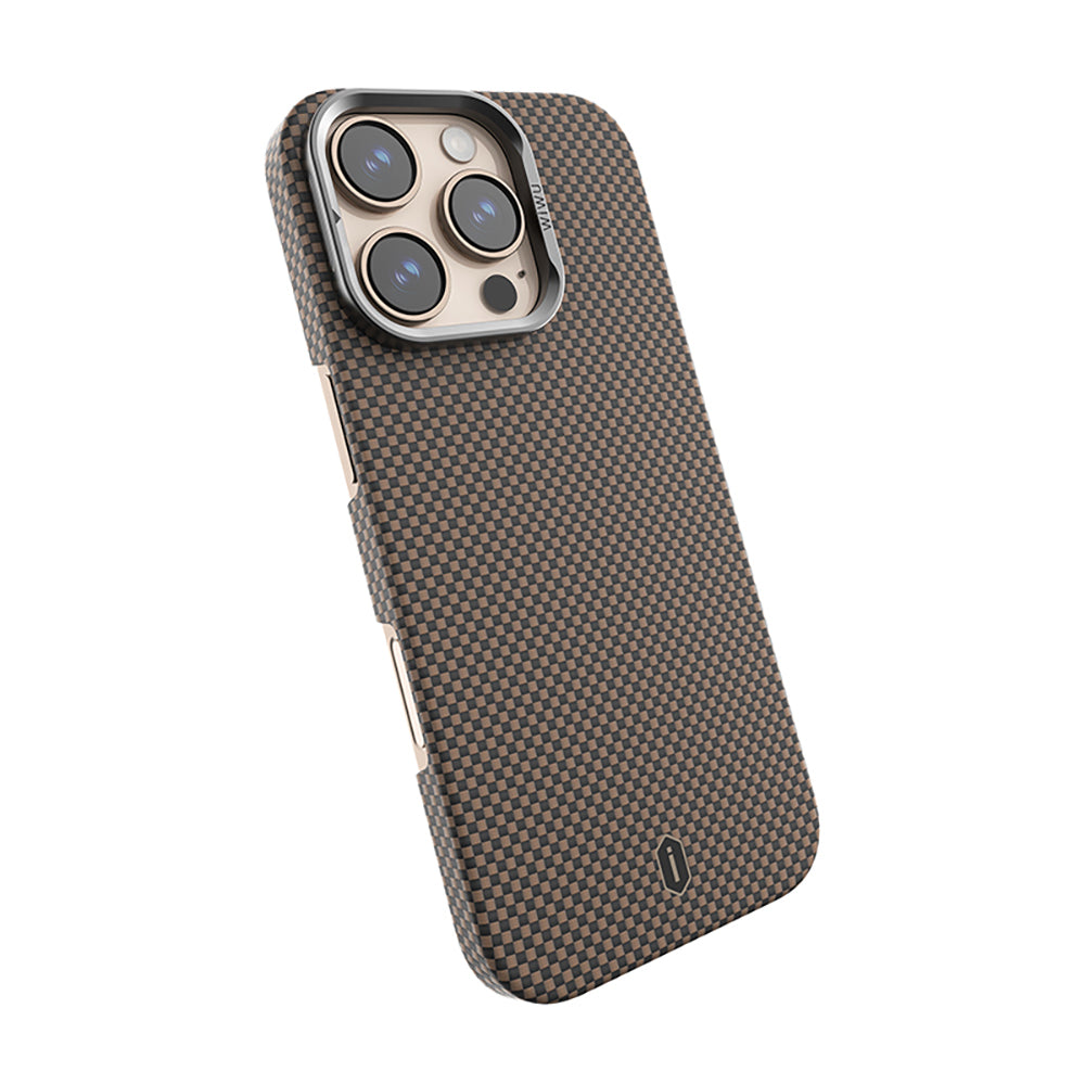 Apple iPhone 16 Pro Kılıf Wiwu DCC-208 M-safe Şarj Özellikli Kamera Standlı Aramid Fiber Tasarım Kevlar Kapak Gold