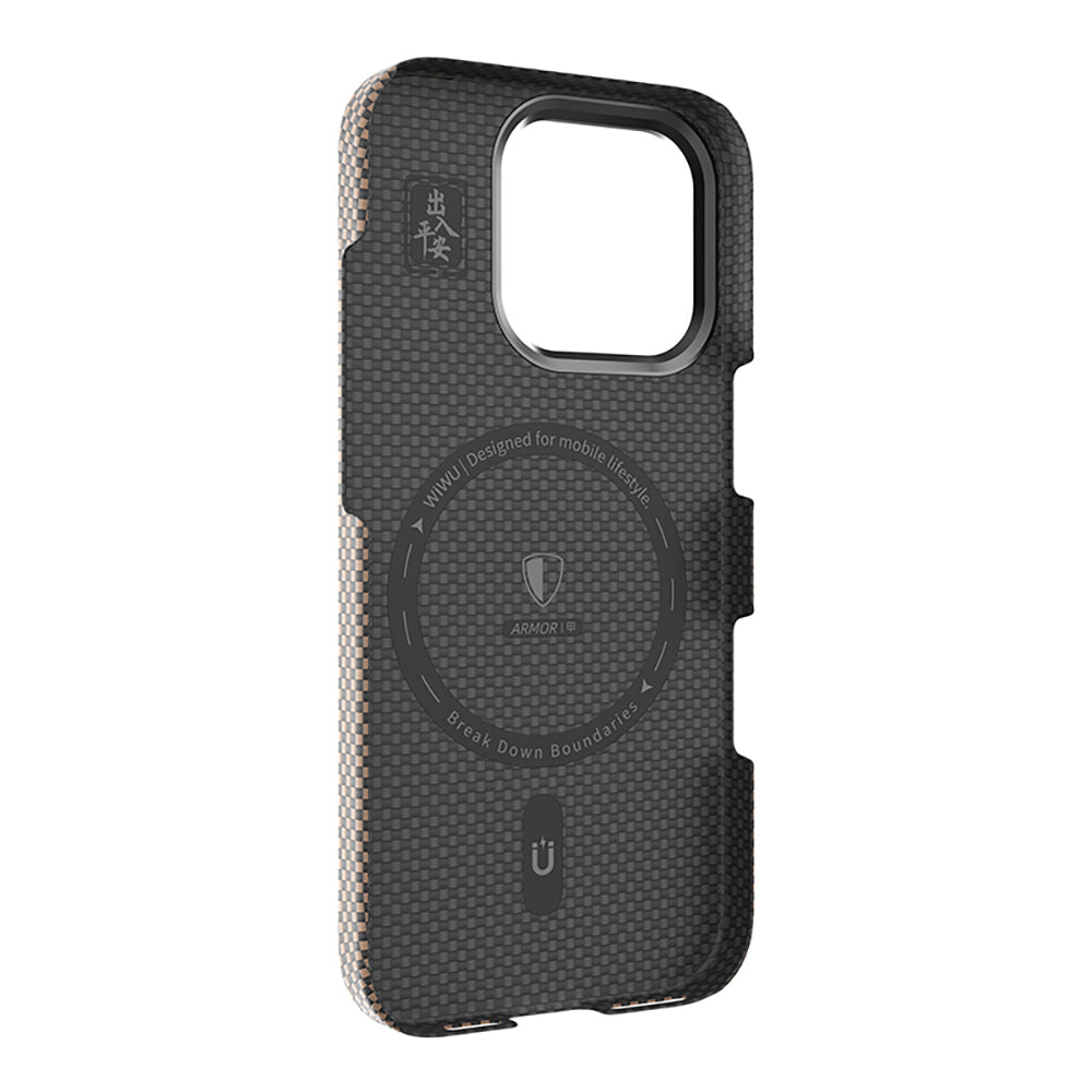 Apple iPhone 16 Pro Kılıf Wiwu DCC-208 M-safe Şarj Özellikli Kamera Standlı Aramid Fiber Tasarım Kevlar Kapak Gold