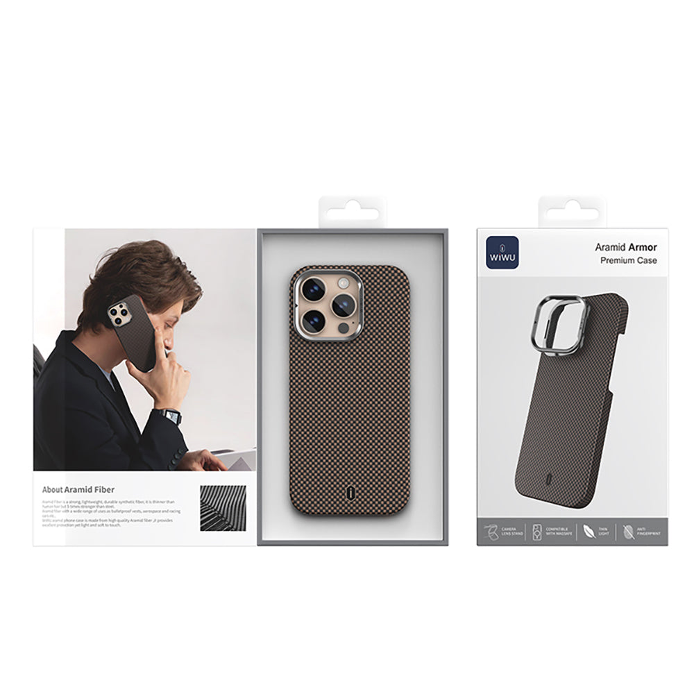 Apple iPhone 16 Pro Kılıf Wiwu DCC-208 M-safe Şarj Özellikli Kamera Standlı Aramid Fiber Tasarım Kevlar Kapak Kırmızı