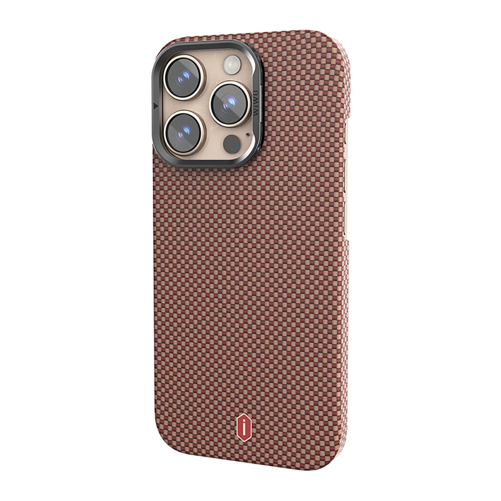 Apple iPhone 16 Pro Kılıf Wiwu DCC-208 M-safe Şarj Özellikli Kamera Standlı Aramid Fiber Tasarım Kevlar Kapak Gold