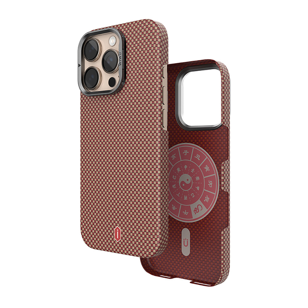 Apple iPhone 16 Pro Kılıf Wiwu DCC-208 M-safe Şarj Özellikli Kamera Standlı Aramid Fiber Tasarım Kevlar Kapak Gold