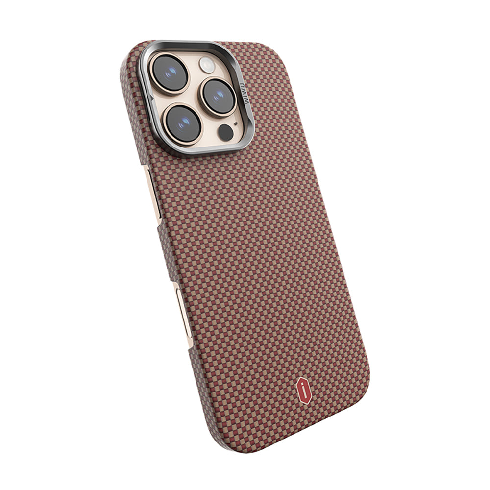 Apple iPhone 16 Pro Kılıf Wiwu DCC-208 M-safe Şarj Özellikli Kamera Standlı Aramid Fiber Tasarım Kevlar Kapak Gold