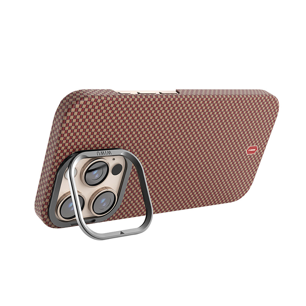 Apple iPhone 16 Pro Kılıf Wiwu DCC-208 M-safe Şarj Özellikli Kamera Standlı Aramid Fiber Tasarım Kevlar Kapak Kırmızı