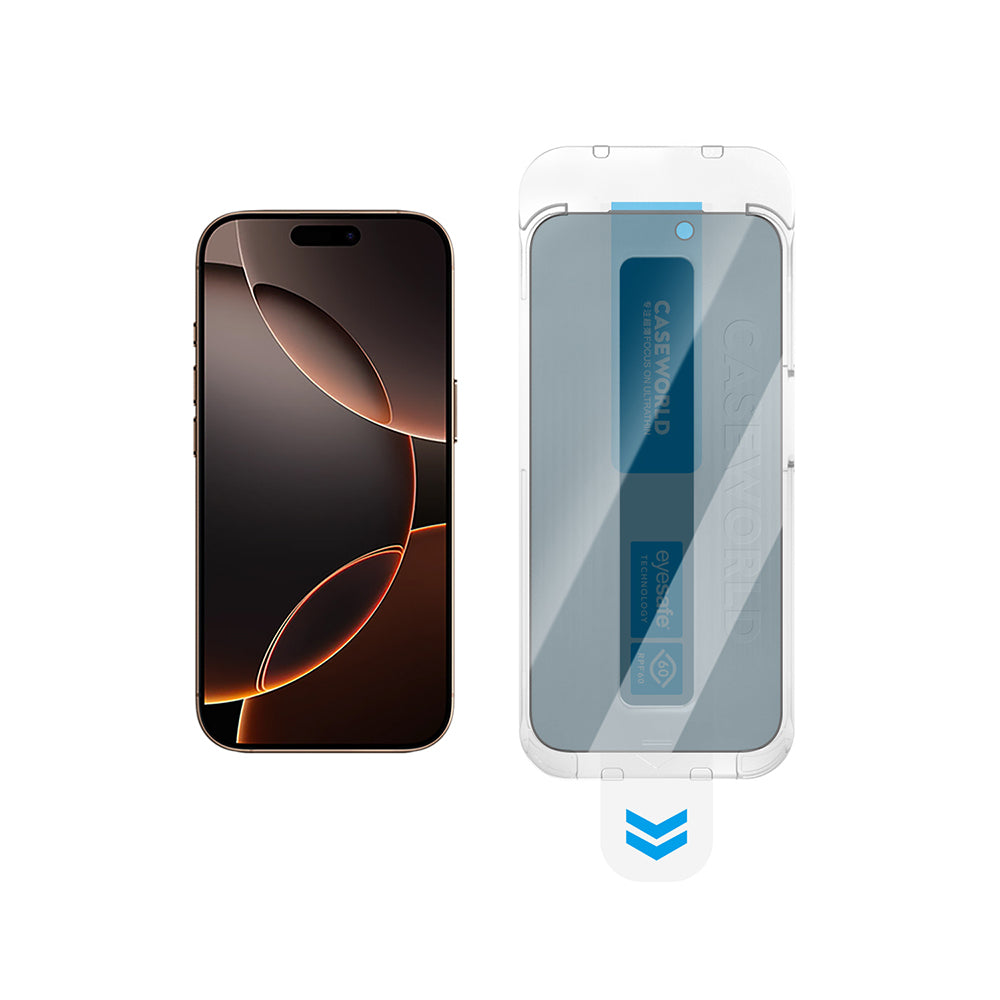 (16 Serisi)Apple iPhone CaseWorld Applicator Serisi 2.5D Eyesafe Mavi Işık Teknolojili 0.33mm Privacy Temperli Cam Ekran Koruyucu + Uygulama Aparatı Siyah