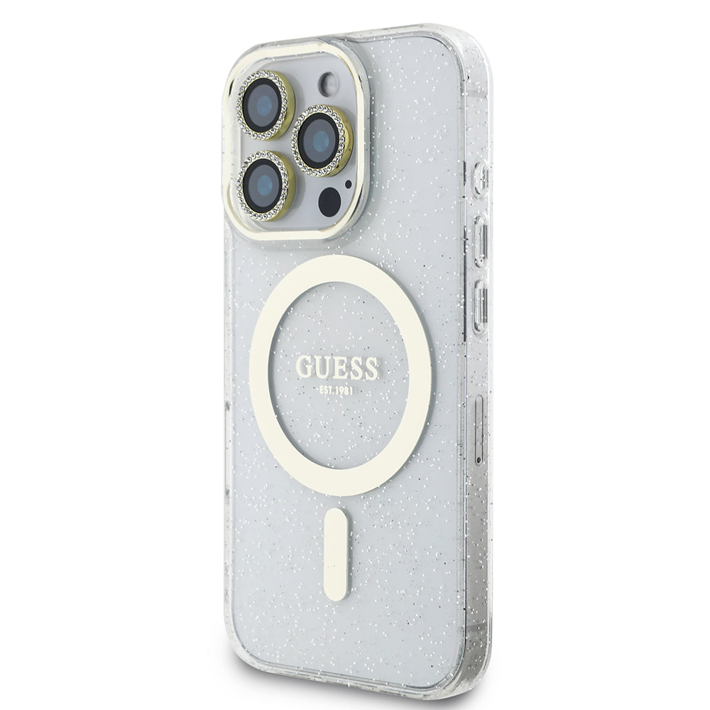 Apple iPhone 16 Pro Max Guess Orjinal Lisanslı 3'lü Aksesuar Seti IML Baskılı Simli Glitter Kılıf + Ekran Koruyucu + Lens Koruyucu Şeffaf